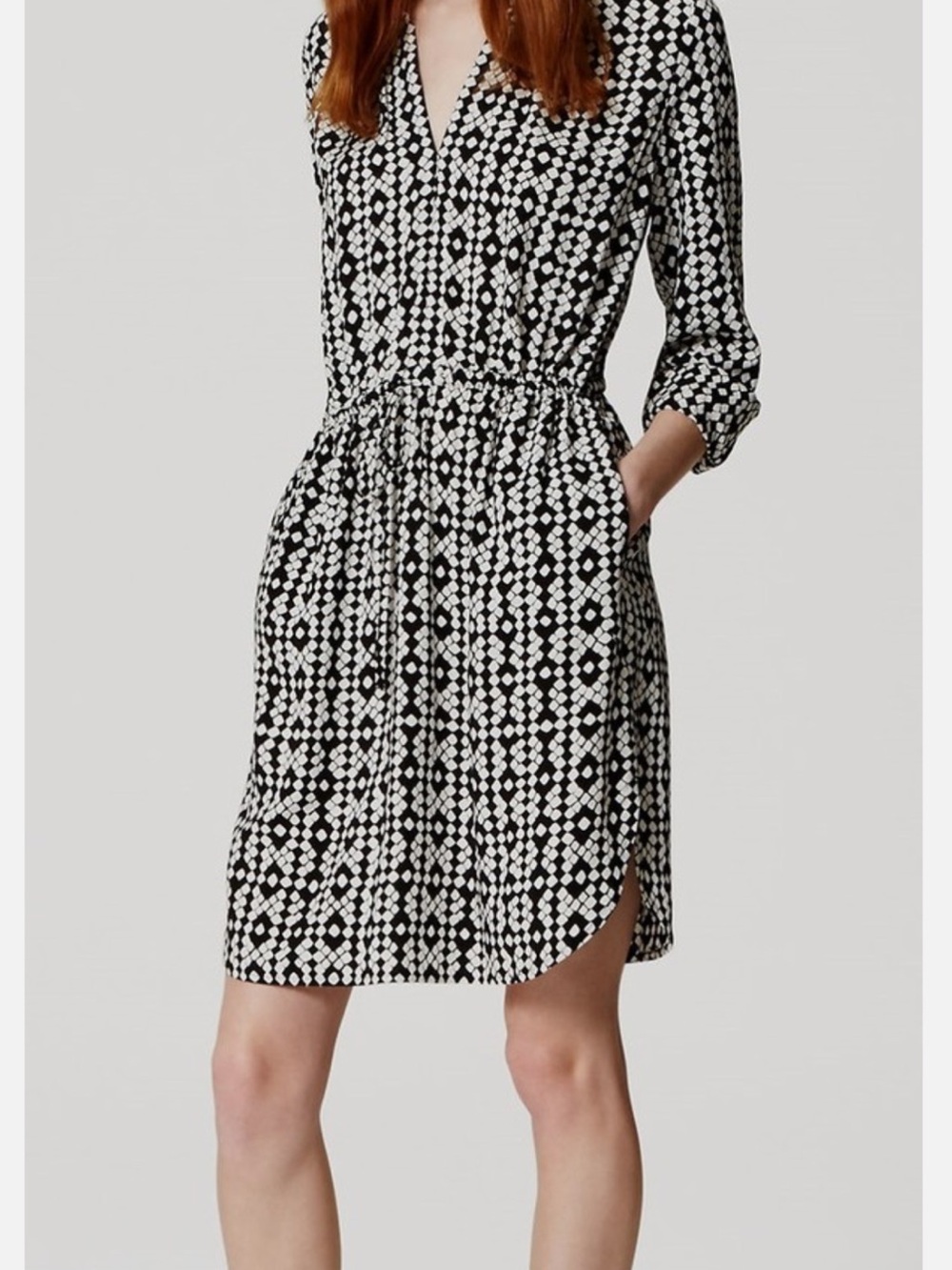 LOFT Black and White Geometric Midi Shirt Dress with Elastic Waist